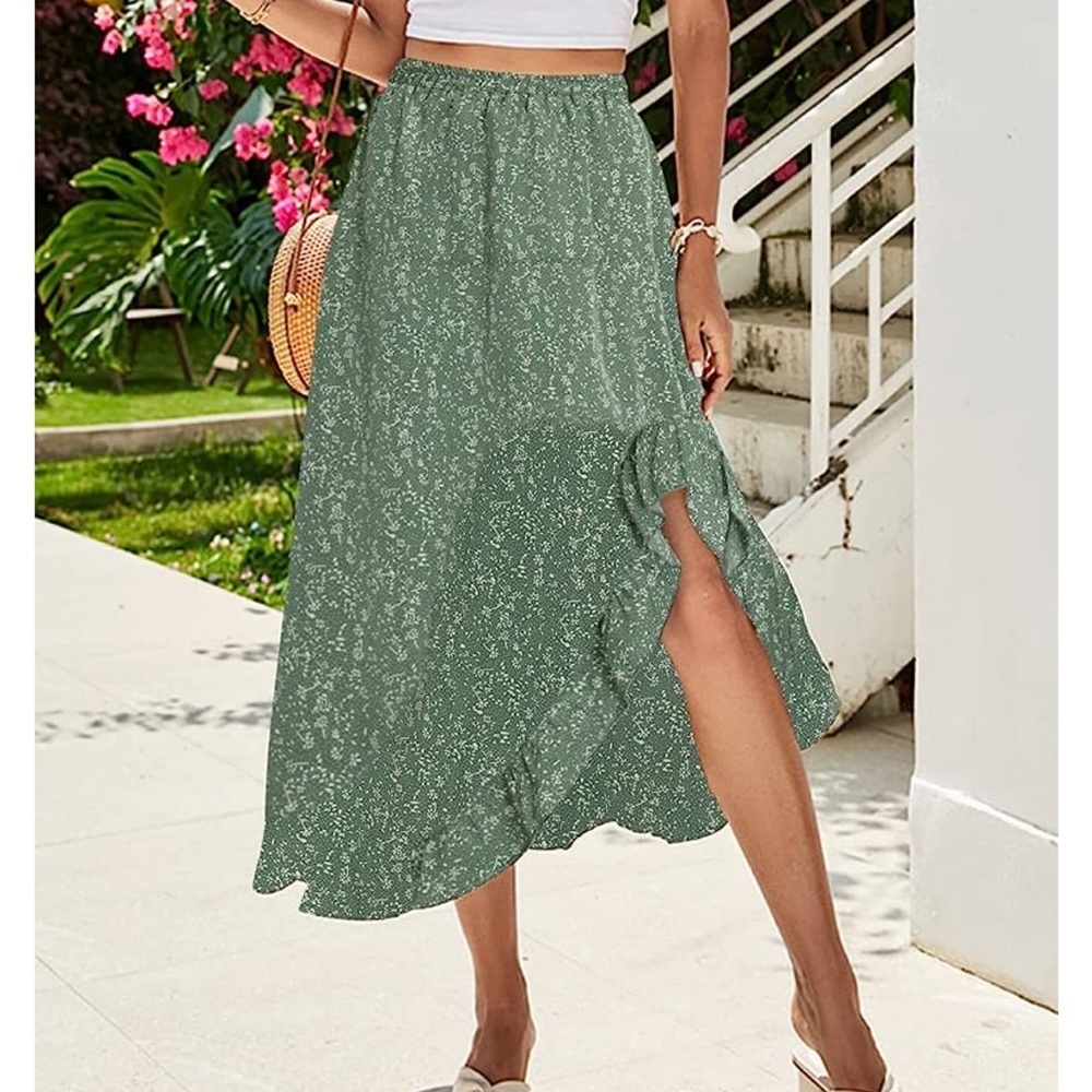 Floral Print Maxi Skirts High Low Split Ruffle Casual Midi Skirt